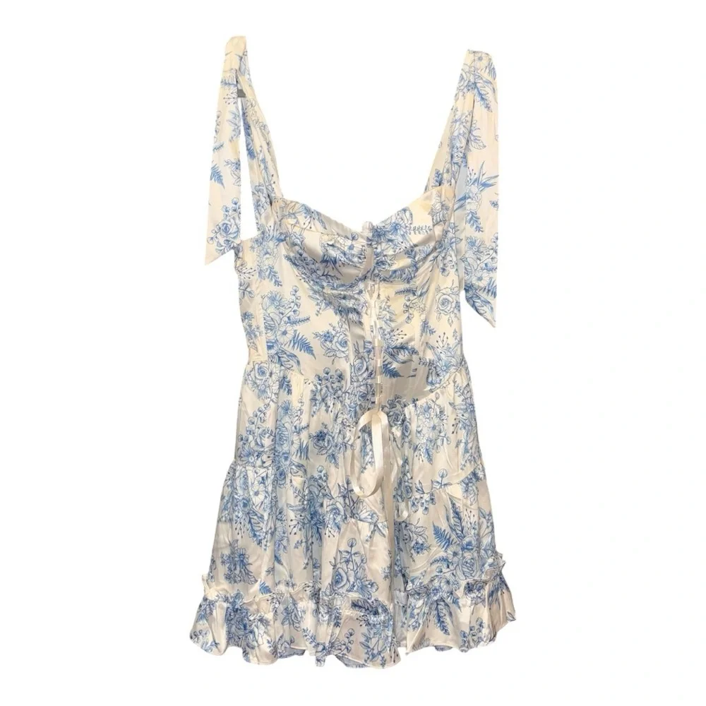 Sugar Thrillz Blue Toile Floral Tie-Strap Mini Dress Size M ARK - Picture 2 of 4